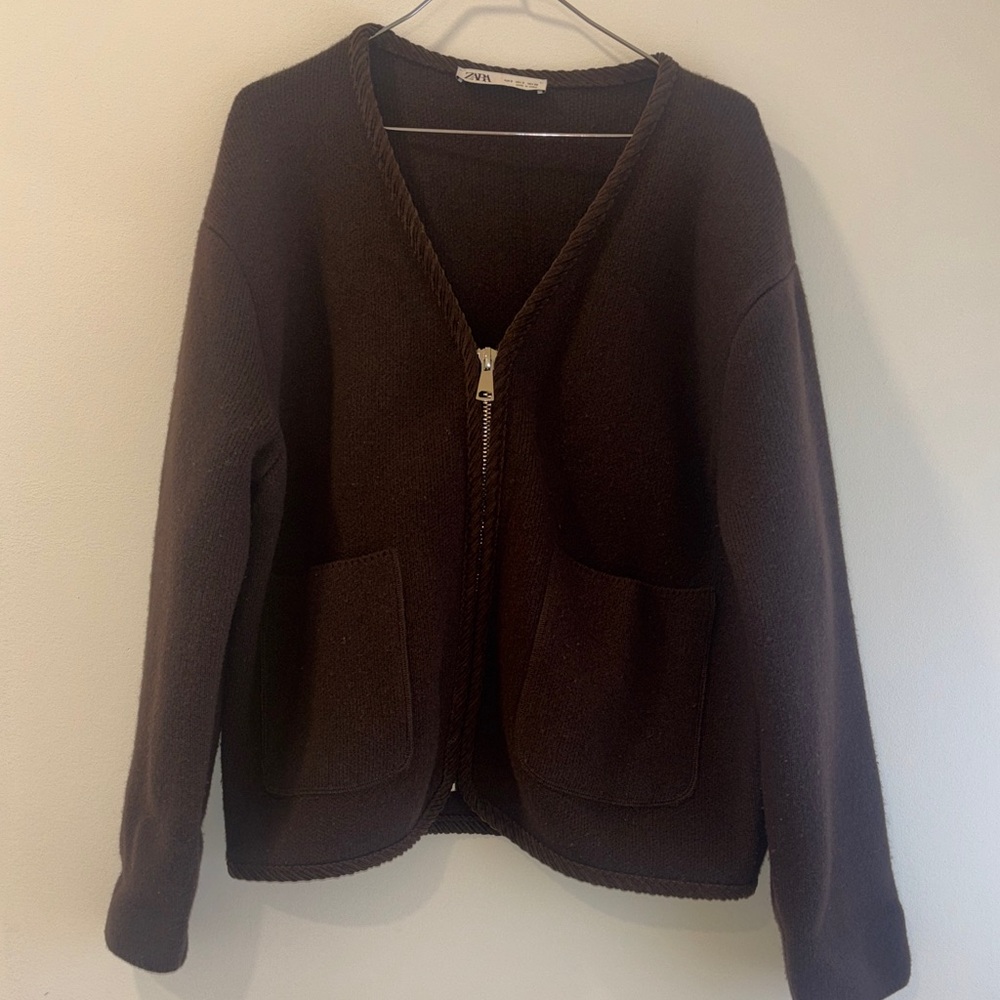 Zara Wool Brown Cardigan with Pockets